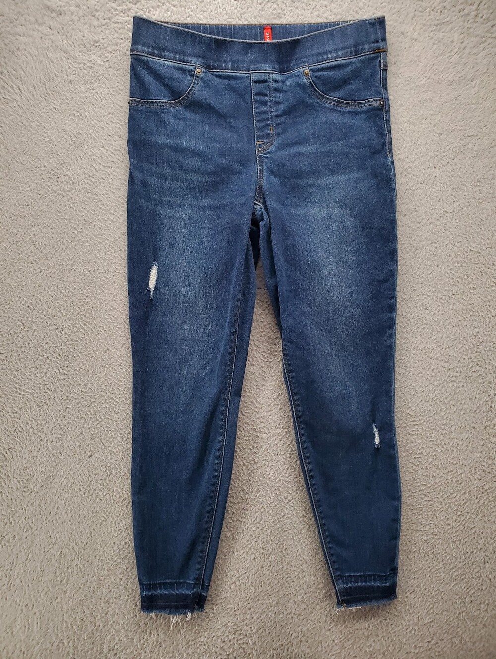 Spanx Ankle Skinny Jeans Jeggings Distressed Womens Medium Petite Raw Hem Blue